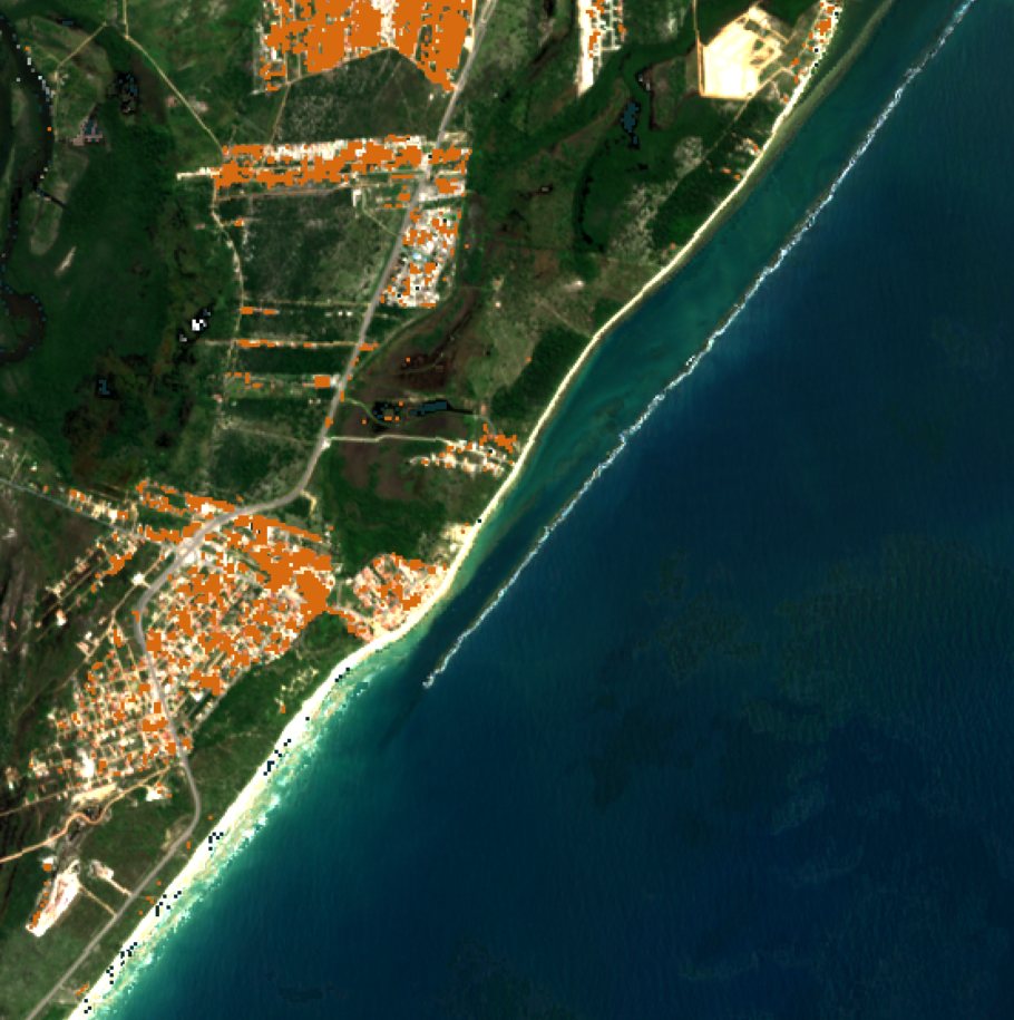 Praia do Francês em 2018: manchas laranja marcam 0,90 km² classificados como construídos
